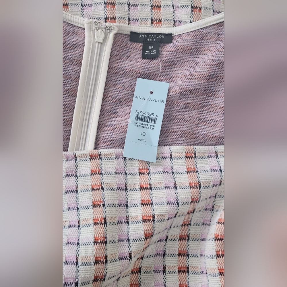 Ann Taylor Madras Beige Plaid Puff Sleeve Flare Dress - Picture 6 of 7